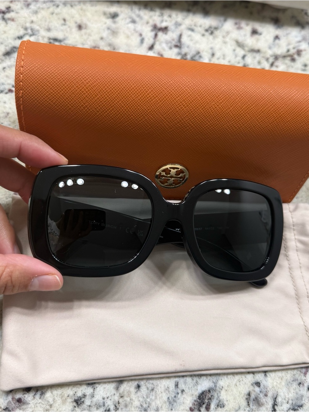 Tory Burch Black Square Oversized Sunglasses with Orange Branded Case